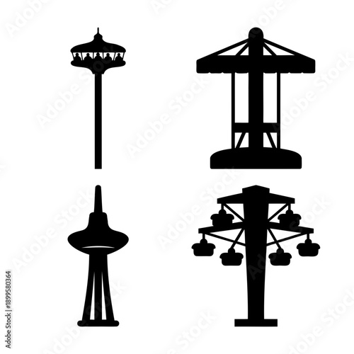 Four black silhouettes of amusement park rides and observation towers on white background