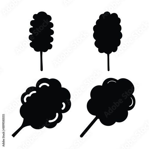 Delicious fluffy cotton candy black silhouettes on a stick, perfect for sweet treats icons and designs