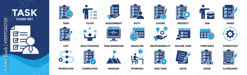 Task icon set collection. Containing project, to-do list, job, workflow, clipboard, multitasking, assignment