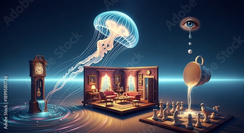 Surreal Dreamscapes Abstract Still Life with Chess, Jellyfish, and Enigmatic Timepieces