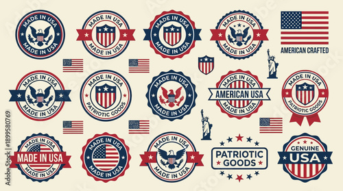 Collection of patriotic emblems and USA-themed illustrations showcasing national pride and American symbols in a stylized graphic design format