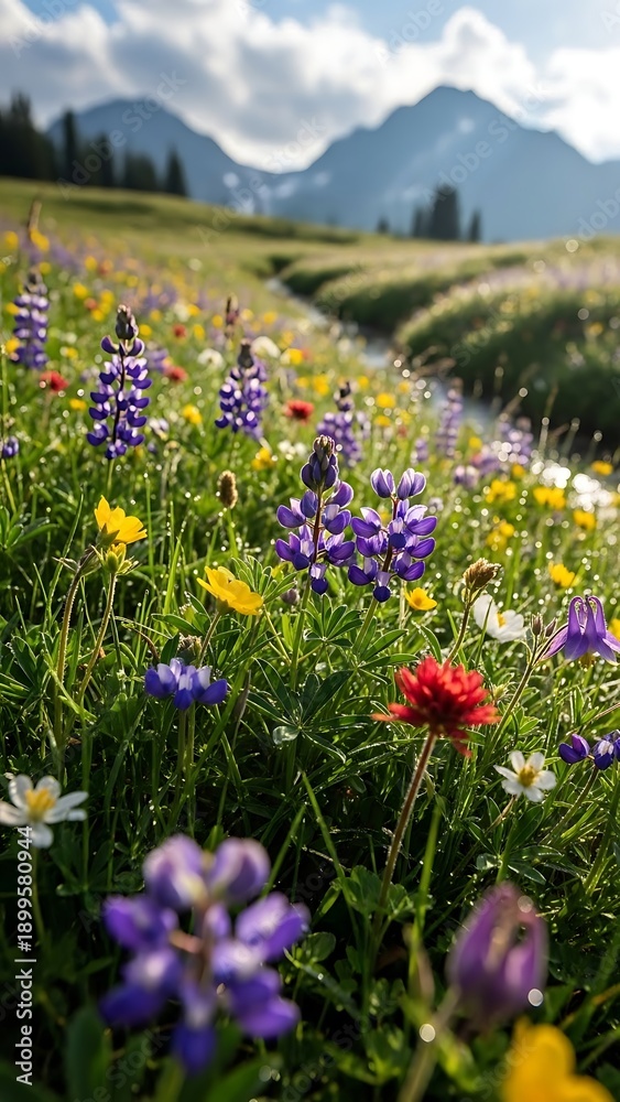Obraz premium Vibrant Wildflowers in Mountainous Landscape.