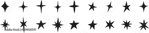 Sparkle star icons vector set. Black starburst shapes for design accents. Minimal celestial symbols isolated.