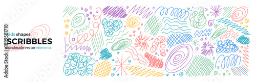 Abstract colorful scribble collection with messy pen strokes and doodle textures. Hand-drawn chaotic lines, circles, spontaneous scribble create expressive graphic element. Vector kids squiggle set.