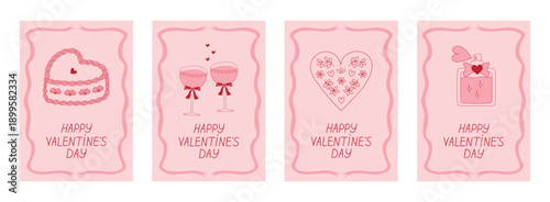 Happy Valentine's Day! A set of vintage postcards featuring a heart, festive glasses, a cake, and a perfume bottle. Hand-drawn, girly vector cards.
