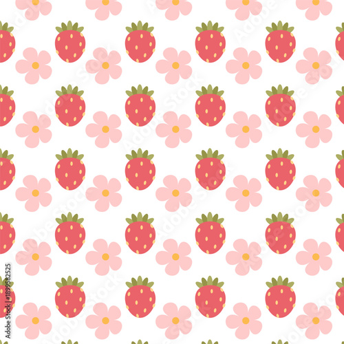 Sweet Strawberry Floral Seamless Pattern, kawaii pink flowers with cute strawberries, swatch available in swatches panel, playful pastel spring illustration for textiles, wrapping paper and surface de