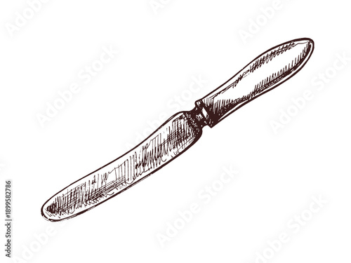 Hand drawn vintage sketch of classic table knife with engraved handle in brown ink line style, isolated vector
