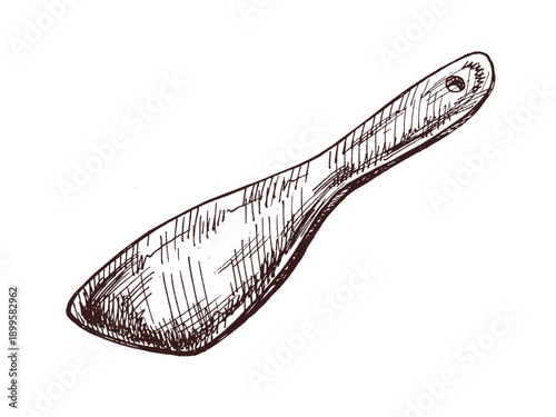 Hand drawn vintage sketch of curved wooden kitchen spatula with hole in handle in brown engraved style