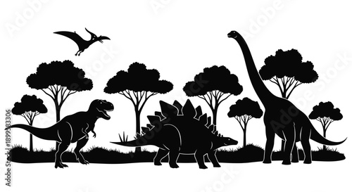 Black Silhouette Vector Illustration of Prehistoric Dinosaurs Including Tyrannosaurus Rex Stegosaurus Brachiosaurus and Pterodactyl in a Wild Forest Nature 