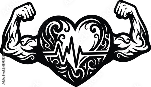 Tribal heart symbol with muscular arms flexing in artistic silhouette featuring decorative swirls and pulse line
