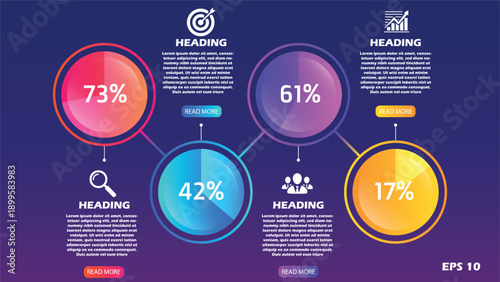 Business Data Infographic Template. Vector Presentation Slide Featuring 4 Circular Progress Charts, Percentage Indicators, and Professional Strategy Icons on a Gradient Background