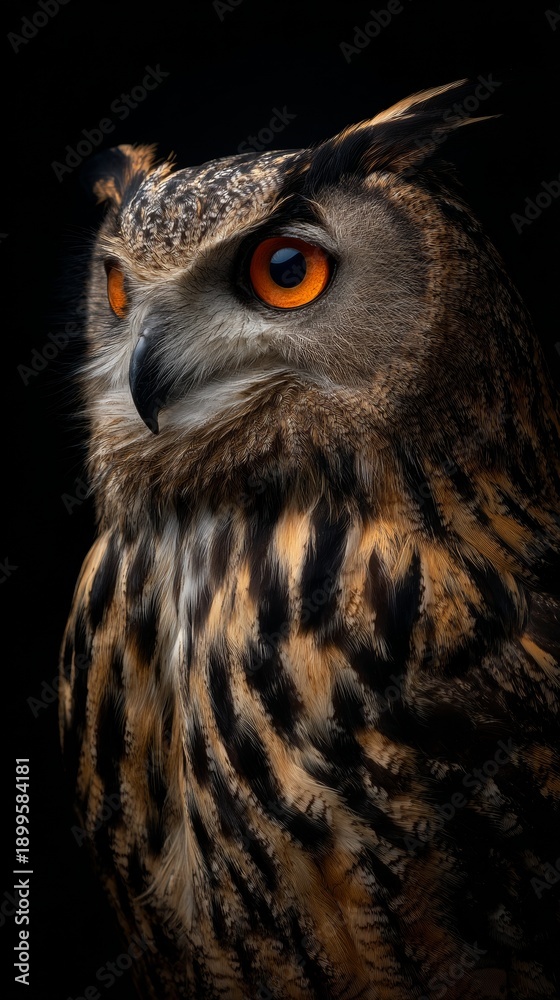 Obraz premium Dramatic close-up owl portrait with glowing orange eyes