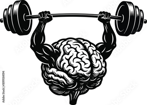 Strong brain vector illustration with biceps and barbell black and white isolated on transparent background