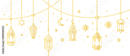 Ramadan kareem golden decorations with lanterns, stars, and moon vector illustration on transparent background