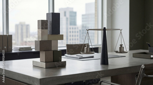 A minimalist wooden block tower and a sleek balance scale sit on a polished concrete desk. The background features a large office window overlooking a blurred cityscape of high-rise buildings.
