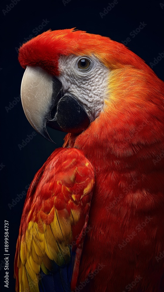 Fototapeta premium Scarlet macaw parrot close-up portrait with vibrant red and yellow feathers on dark background