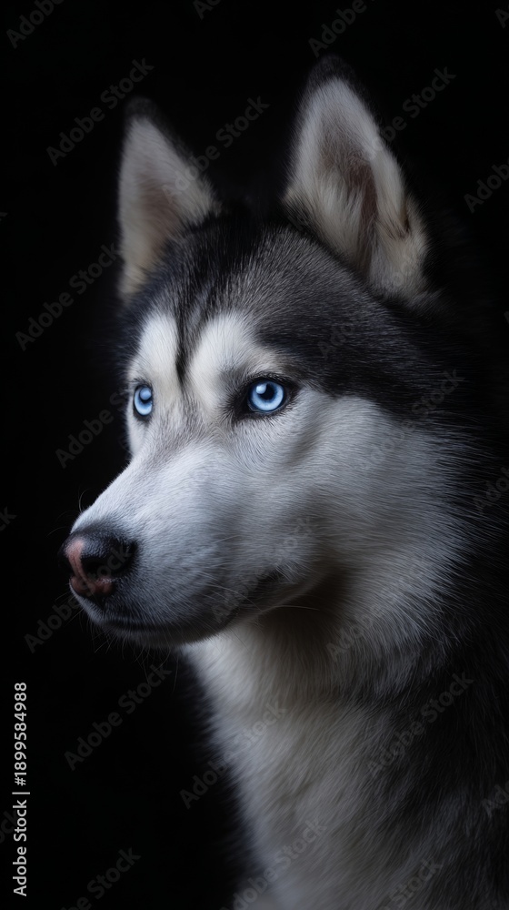 Fototapeta premium Blue-eyed siberian husky dog portrait on black background