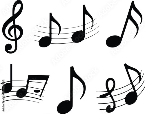 Various black and white musical notes and symbols on transparent background