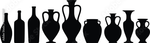 Silhouettes of various ancient vases and bottles in a row