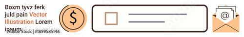 Digital payment, email communication, online services, user interface, business tools, notifications. Dollar icon, envelope and checkbox displayed in a minimal design. Digital payment and email
