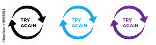 Try again text vector signs set. Persistence and determination concept designs. Try again concept with colorful arrow. Try again text vector signs set. Persistence and determination concept designs.
