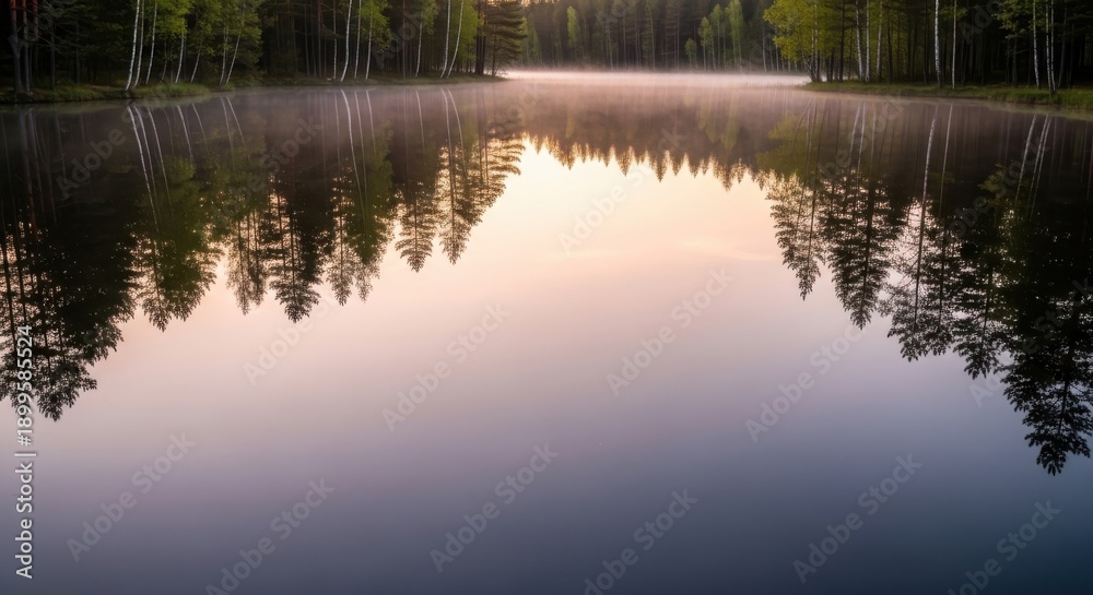 Obraz premium Serene lake scene at dusk with trees reflecting on calm water surface