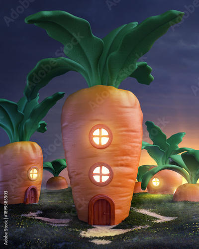 Fairy carrot house village in realistic 3d style. Cartoon children background for print book or game. Render illustration cozy rabbit house.