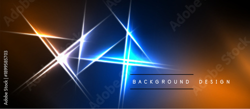 Abstract neon lines create dynamic light effects. Blue, orange gradients dominate composition. Modern design element for digital projects.