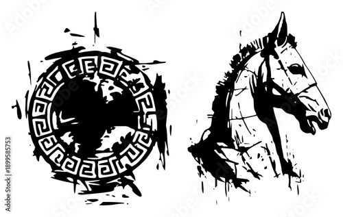 Ancient greek trojan horse head and circular meander ornament with ink splatter texture