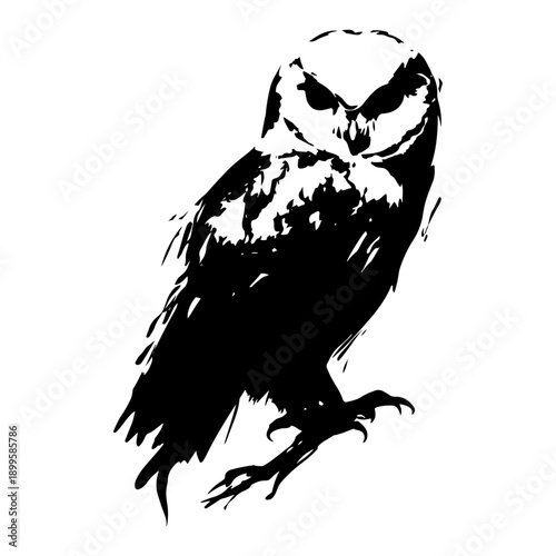 Perched owl bird silhouette in black distressed grunge ink vector style
