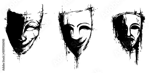 Theatrical drama masks showing different emotions in grunge ink style