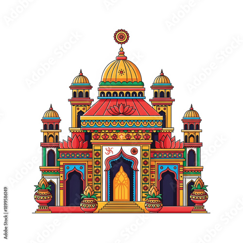 Colorful Indian Temple Illustration for Durga Puja Celebrations, A Beautiful Representation of Indian Culture and Traditions