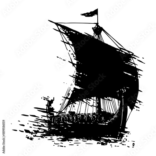 Viking longship sailing on water in black grunge ink style