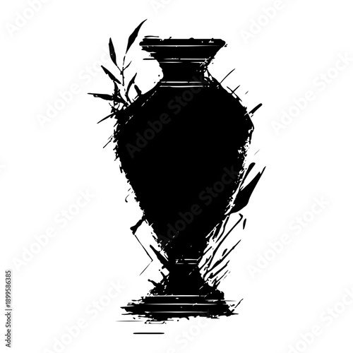 Dark silhouette of a tall ceramic vase with olive branch details in grunge style