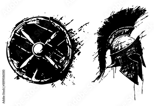 Ancient spartan warrior helmet and round shield set in grunge style