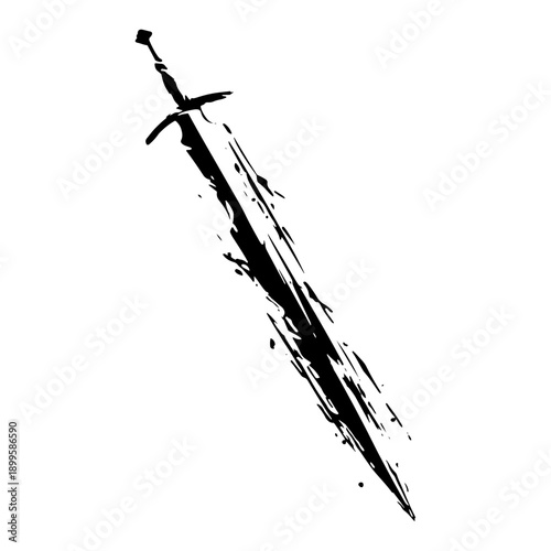 Medieval sword blade silhouette in distressed black ink style