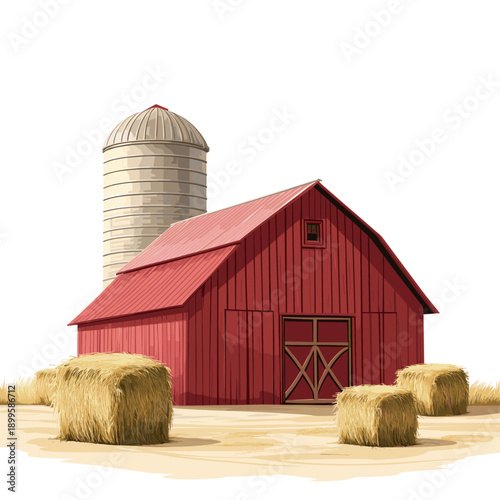 Red Barn with Hay Bales Against a Simple Background