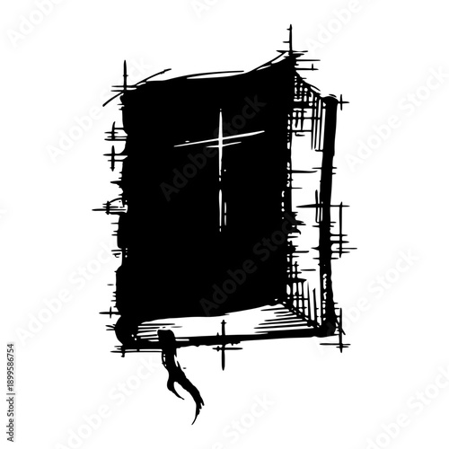 Old religious book bible with cross symbol in grunge ink style