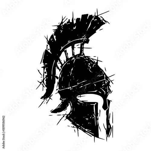 Ancient spartan warrior helmet with horsehair crest in grunge ink style
