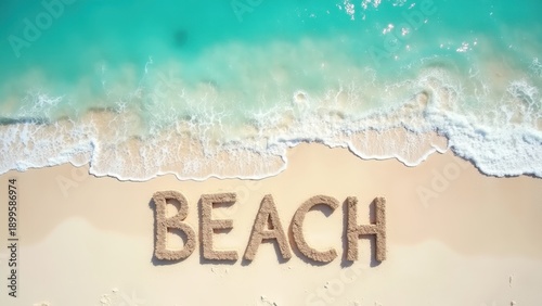 Aerial perspective BEACH text written sand, turquoise waves rolling gently shoreline, tropical coastline pristine beautiful scenery, summer vacation destination exotic paradise