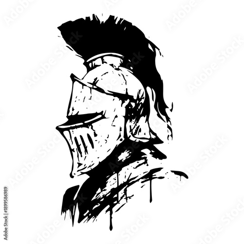 Medieval armored knight helmet with visor in distressed black ink style