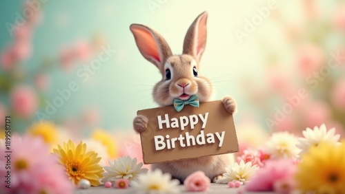 Adorable bunny wearing pink bow tie holding happy birthday sign with paws, pink flowers and blue soft background, concept of birthday, easter, celebration