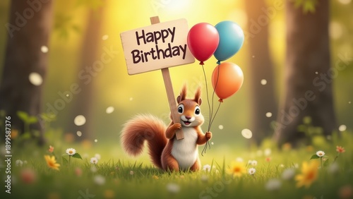 Squirrel holding happy birthday sign with balloons smiling, cute animal celebration in forest meadow with flowers, concept of birthday greetings, children parties, holiday