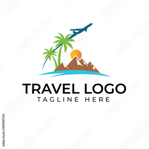 Plane with palms travel logo template vector illustration