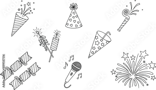 Party and celebration icon set with festive elements including fireworks, sparklers, poppers, hats, blowers, and decorative symbols for events, holidays, and invitations