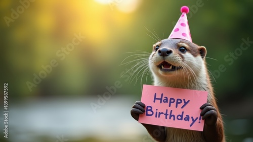 Otter wearing party hat holding happy birthday sign smiling at camera, cute animal celebration portrait near water, concept of birthday greetings, zoo events, holiday