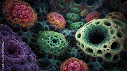 Exploring colorful cells in a close-up view of a microscopic environment