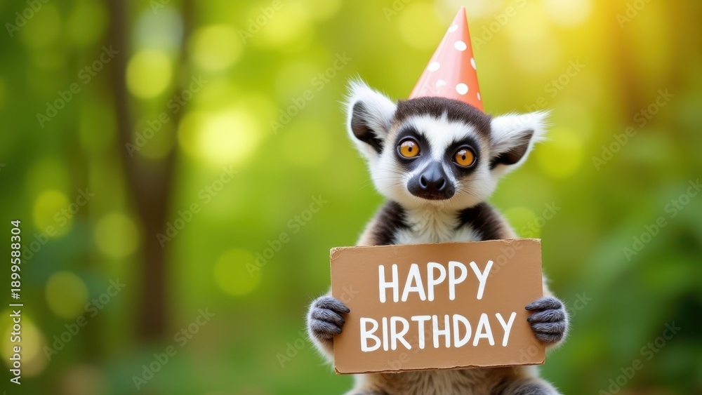 Naklejka premium Lemur wearing party hat holding happy birthday sign looking at camera, cute primate celebration portrait in tropical forest setting, concept of birthday greetings, zoo events, holiday