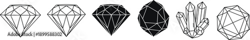 Low poly diamond and crystal icon set featuring geometric wireframe gemstones, faceted minerals, and modern abstract jewelry symbols for branding design