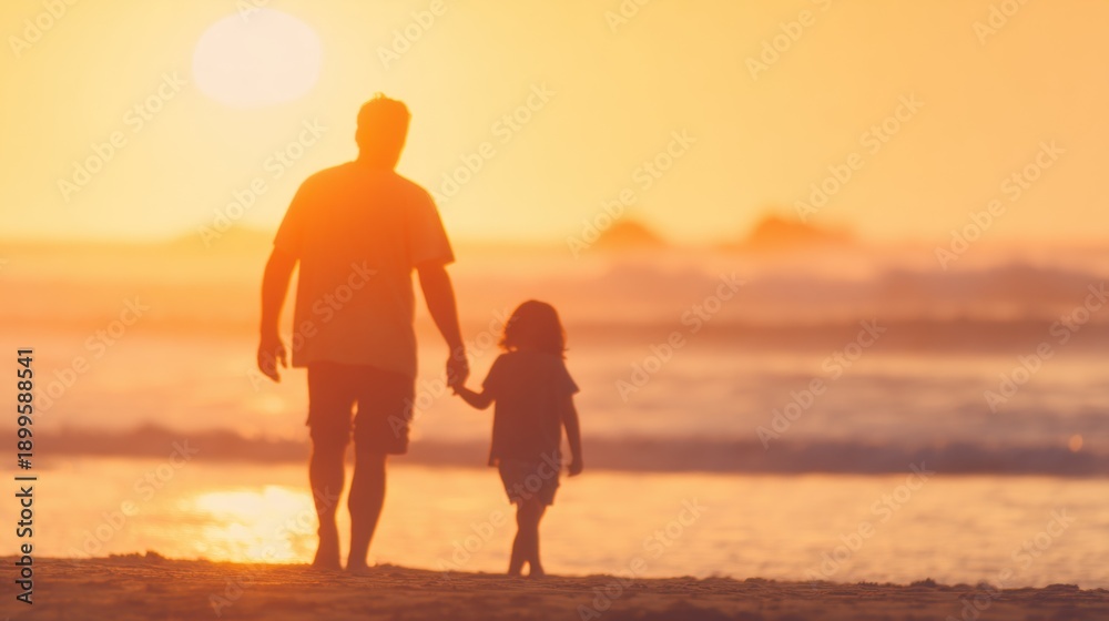 Fototapeta premium Father and child walk together on beach during sunset with ocean waves